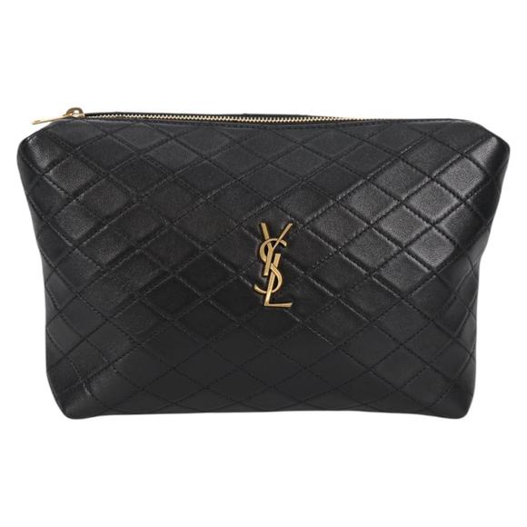 SAINT LAURENT Gabby Pouch Lamb Skin Black Gold Auth yk19422M - Picture 13 of 16
